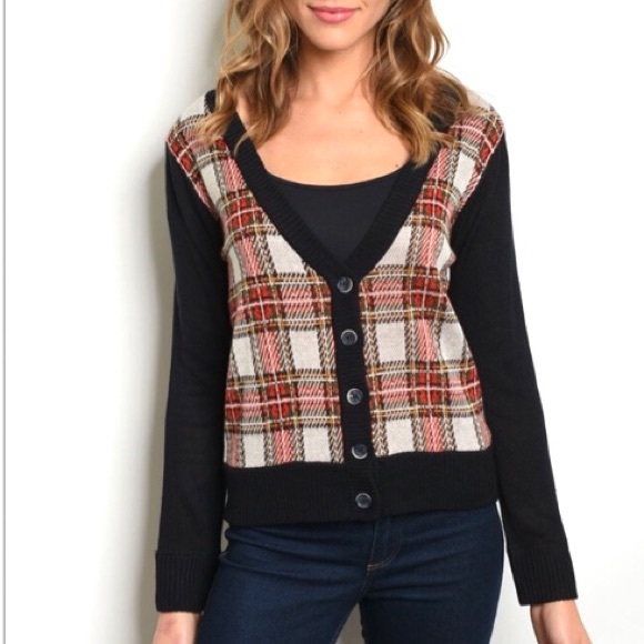 MAK Sweater Sweaters - Plaid V-Neck Cardigan with Buttons Size L
